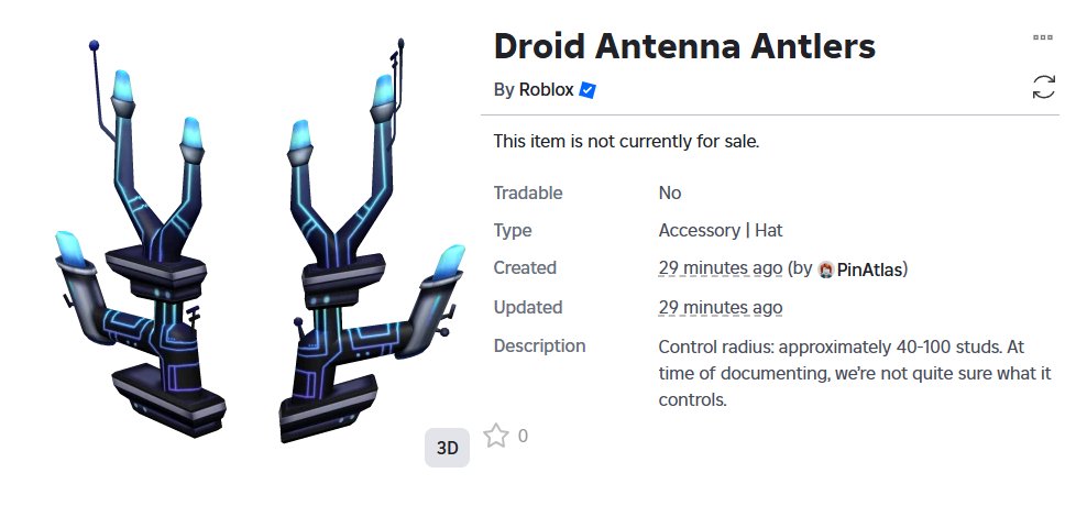 RoGameNews's tweet image. Another item that was recently uploaded is the "Droid Antenna Antlers". 🛰️📡
Item Link: roblox.com/hidden-catalog…
#RobloxDevs #RobloxDev #RobloxItem #Roblox #TheHunt #TheHuntSecondEdition #New #Droid #Antlers #Blue