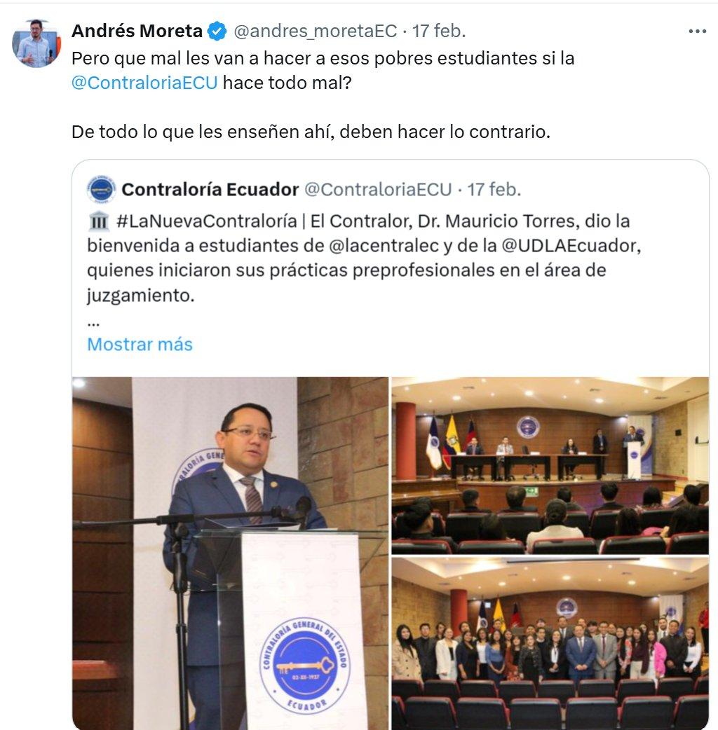 QuitoNoticias1's tweet photo. 🔴 La @contraloria contrató como Director de Predeterminaciones de esa institución a @andres_moretaEC.
🔹Resulta que #Moreta patrocina juicios en contra de la propia Comntraloría.
🔹En redes es un fuerte crítico de ese ente.
🔹 @AnitaMGalarzaA pidió información sobre este tema https://t.co/soRl0186RW