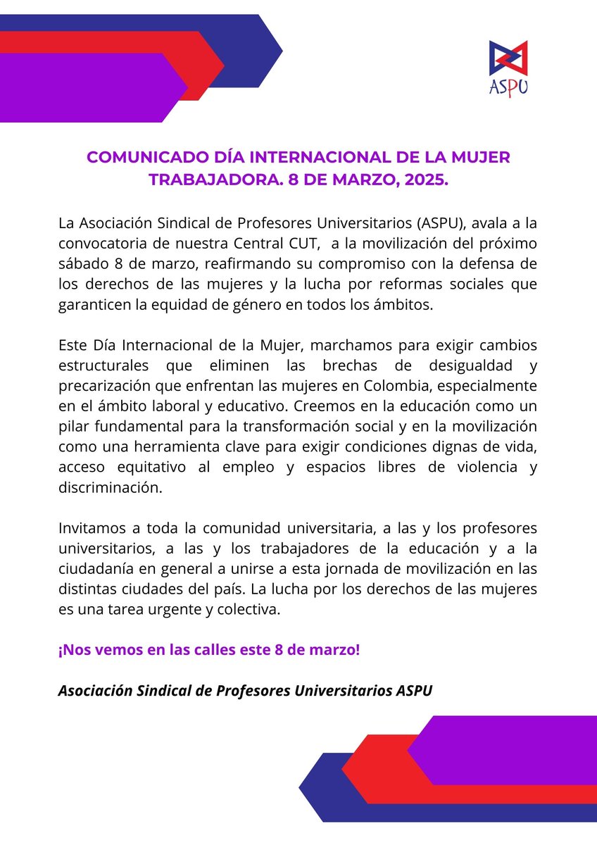 #8M || nvitamos a toda la comunidad universitaria, a las y los profesores universitarios, a las y los trabajadores de la educación y a la ciudadanía en general a unirse a esta jornada de movilización en las distintas ciudades del país. 🟣🔵🔴