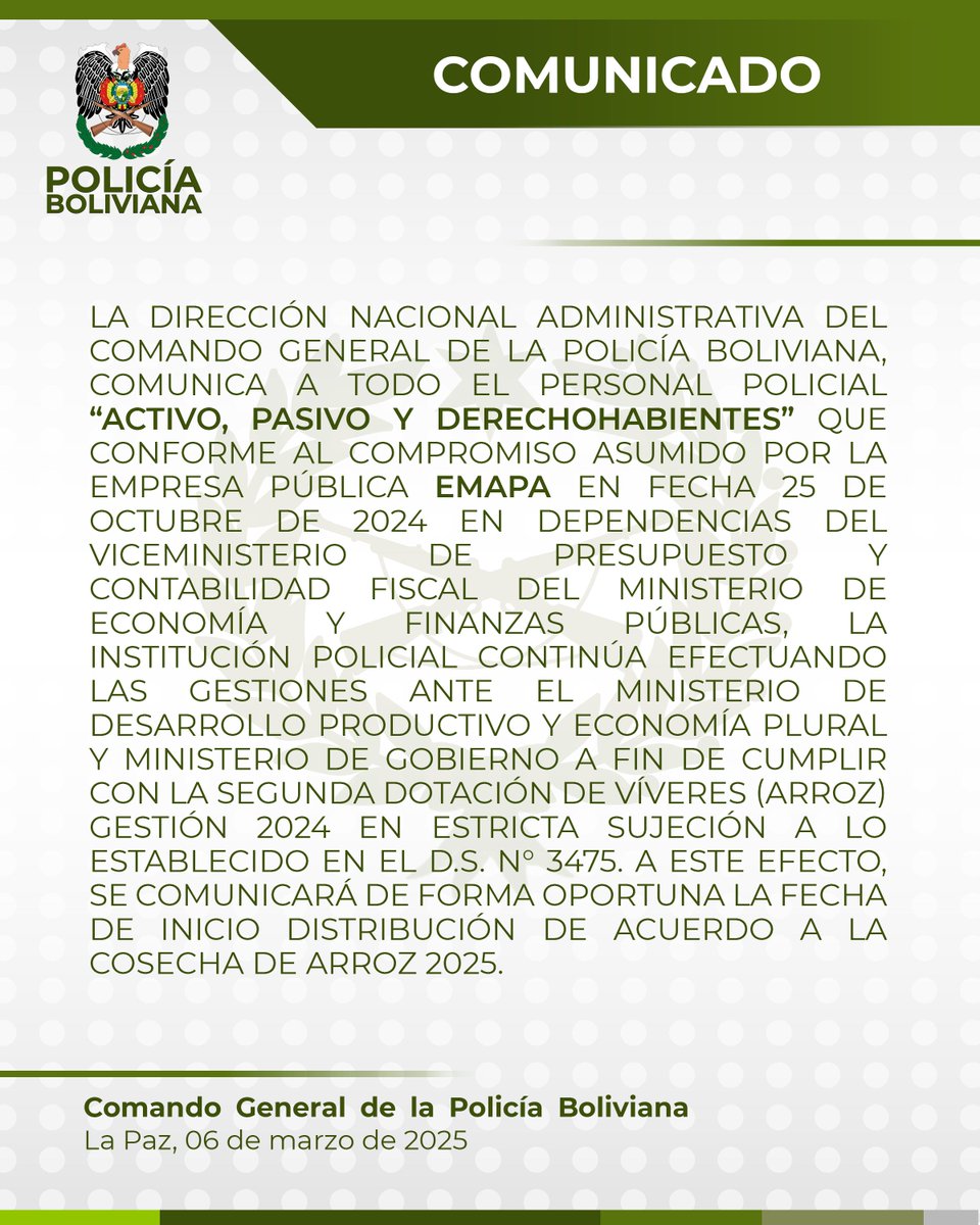 #Comunicado
🇧🇴#2025_BicentenarioDeBolivia
👮🏻‍♂️👮🏻‍♀️A nuestra familia policial.

🤝🏻#DisciplinaValorYVocaciónDeServicio