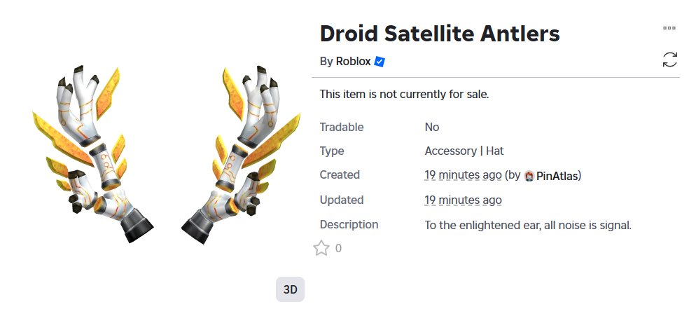 RoGameNews's tweet image. Another item that was recently uploaded is the "Droid Satellite Antlers". 🫎🛰️
Item Link: roblox.com/hidden-catalog…
#RobloxDevs #RobloxDev #RobloxItem #Roblox #TheHunt #TheHuntSecondEdition #New #Droid #Antlers #Gold