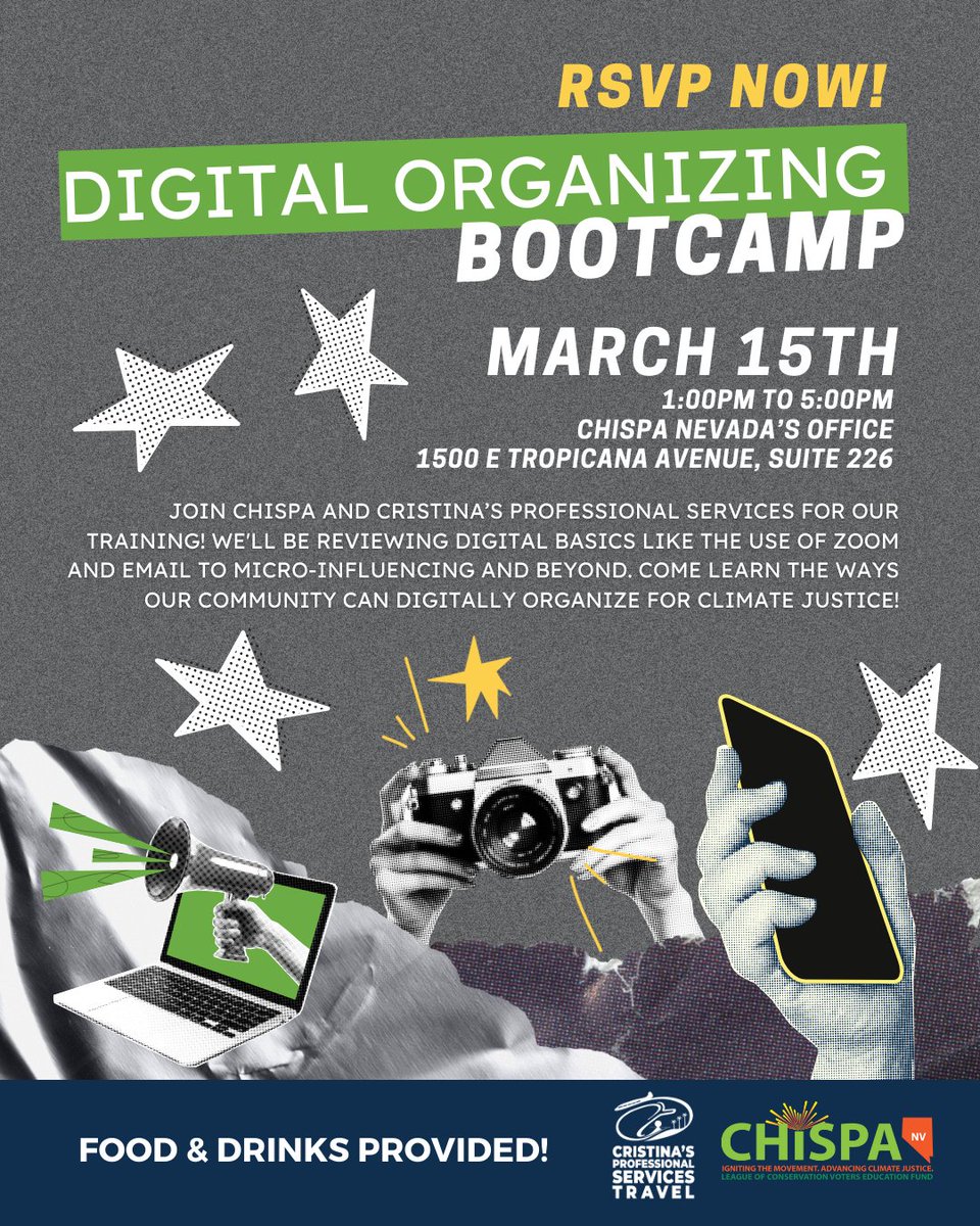 Chispa_NV's tweet photo. DATE CHANGE 🚨

Join us + local East Las Vegas business Cristina's Professional Services on 03/15 for an afternoon of all-things digital, including digital basic, micro-influencing, and #DigitalOrganizing for #ClimateJustice! 📱💻💚🎉

RSVP today! 🌎📣👇
https://t.co/Ewkewz4Hee https://t.co/BXCi8l62fL