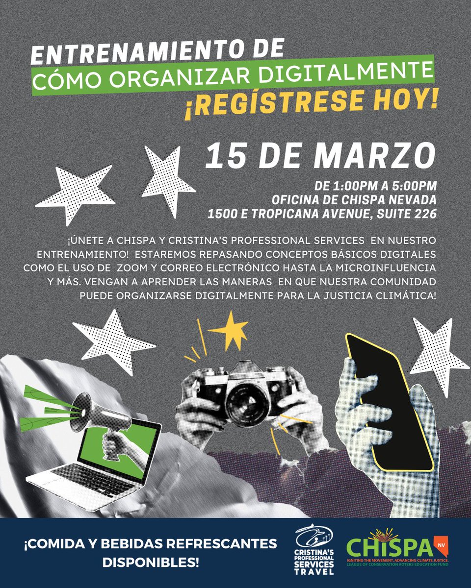 Chispa_NV's tweet photo. DATE CHANGE 🚨

Join us + local East Las Vegas business Cristina's Professional Services on 03/15 for an afternoon of all-things digital, including digital basic, micro-influencing, and #DigitalOrganizing for #ClimateJustice! 📱💻💚🎉

RSVP today! 🌎📣👇
https://t.co/Ewkewz4Hee https://t.co/BXCi8l62fL