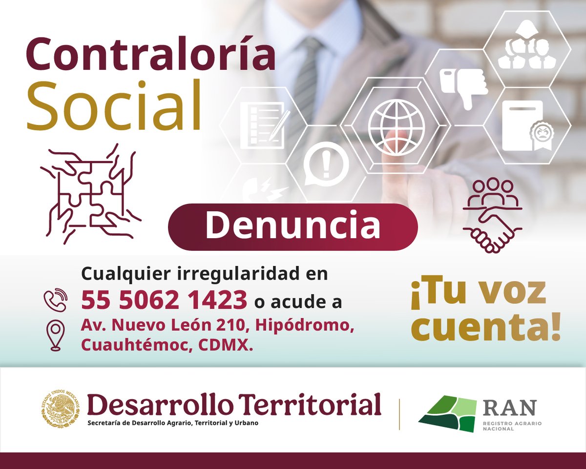 RAN_Nacional's tweet image. Supervisa y garantiza la transparencia en la regularización y el registro de tierras ejidales y comunales. 📜👀 La #ContraloríaSocial permite a la ciudadanía vigilar el uso de los recursos públicos en estos procesos. ✅