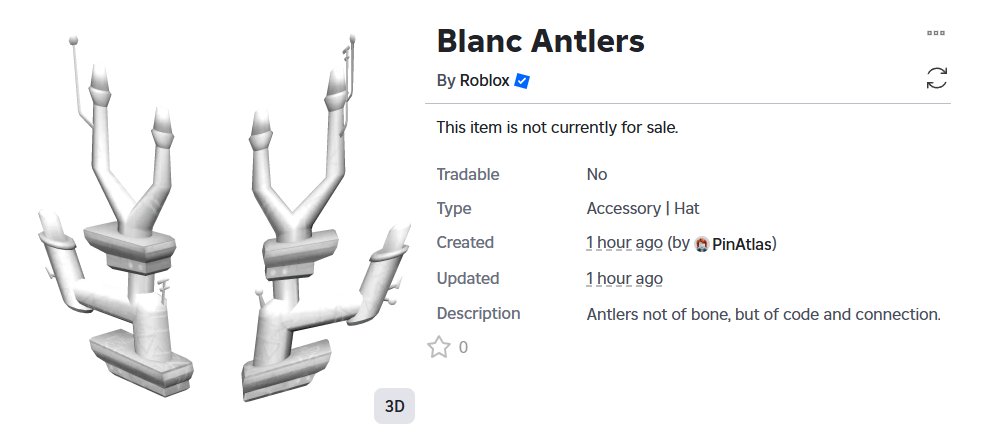 RoGameNews's tweet image. Another item that was created is the "Blanc Antlers". 🫎
Item Link: roblox.com/hidden-catalog…
#RobloxDevs #RobloxDev #RobloxItem #Roblox #TheHunt #TheHuntSecondEdition #New #Blanc #Antlers