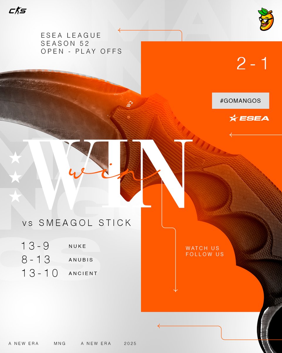 MANGOSesports's tweet photo. 🔥 ¡MANGOS sigue avanzando en los playoffs! 🔥
La escuadra peruana se lleva una dura serie al mejor de tres tras vencer a Smeagol Stick por 2-1.
✅ 13-9 en Nuke
❌ 8-13 en Anubis
✅ 13-10 en Ancient
Otro paso firme en esta fase. ¡Vamos con todo por más! 💪🥭
#GOMANGOS @ESEA https://t.co/AyHTIRu3td