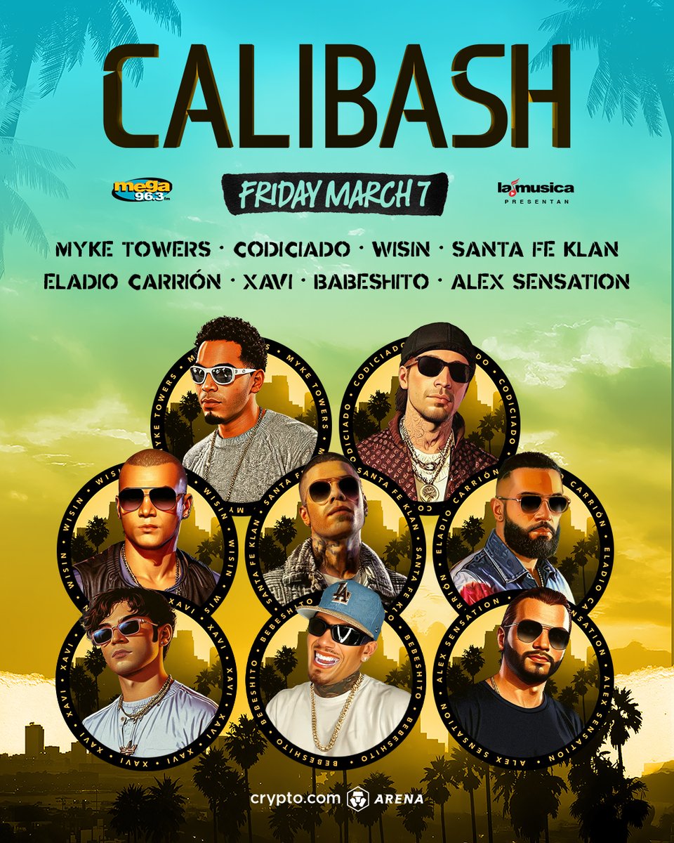 Calibash with Myke Towers, Codiciado, Wisin, Santa Fe Klan, Eladio Carrión,  Xavi, Bebeshito, and Alex Sensation is going off tonight 🤩🤩🤩 Doors open:  7pm Show starts: 8pm