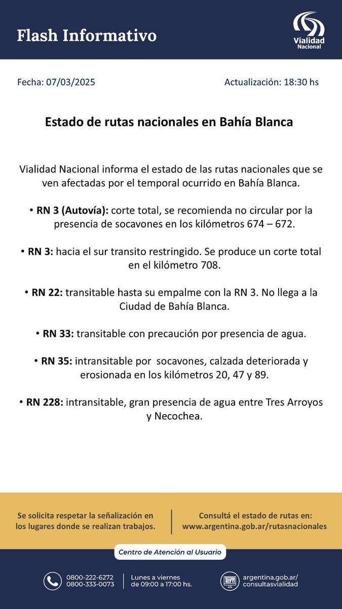 #COMUNICADO
⚠️ Info actualizada de Vialidad Nacional sobre la transitabilidad en las rutas que llevan a Bahía Blanca. Atento si tenes que viajar desde Chubut
