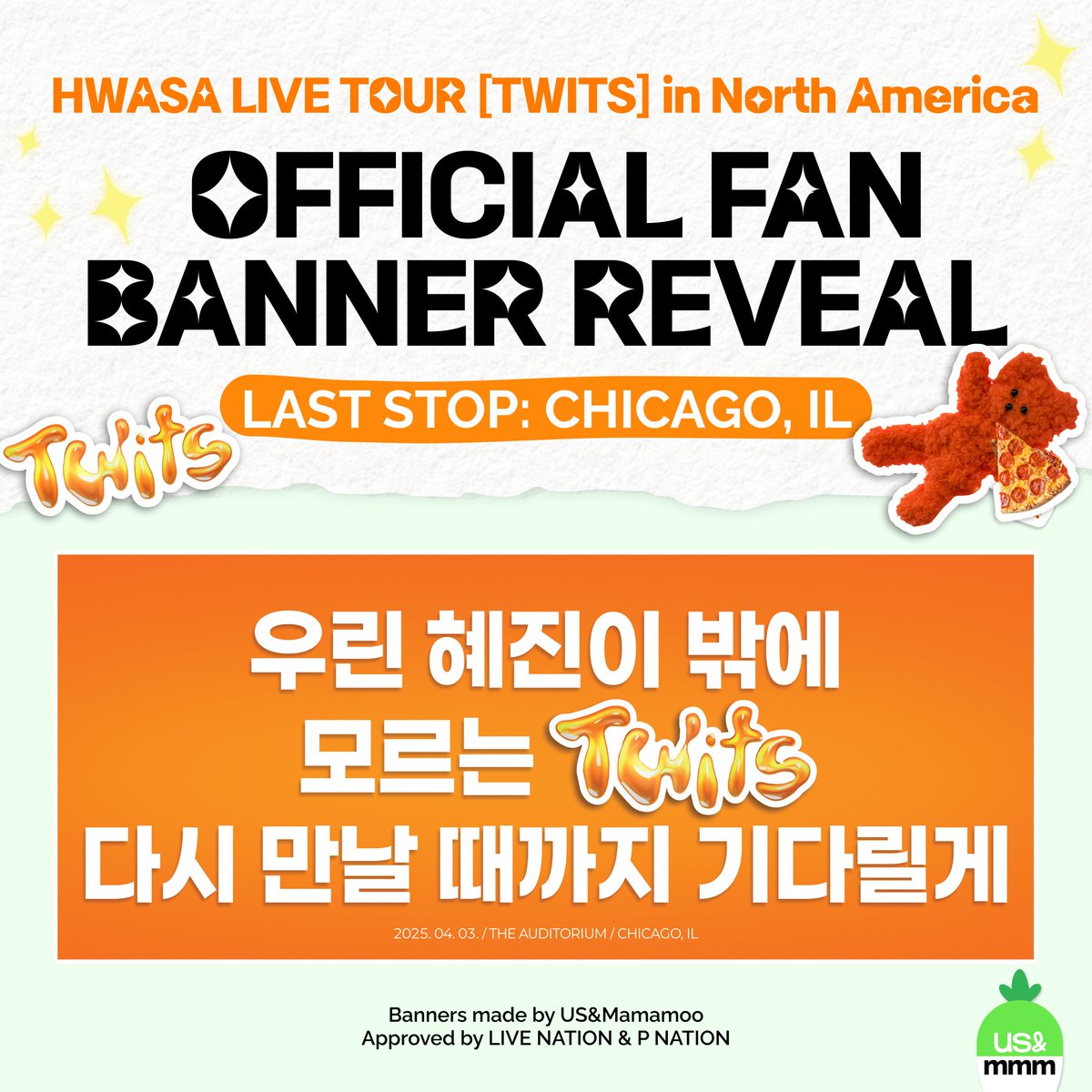 🏙️ OFFICIAL CHICAGO BANNER REVEAL 🏙️

"We're twits who only know Hyejin-ie, we'll wait until we meet again."

Last banner for the last stop of the tour! 🥺
Have to make it an unforgettable night with her! 🧡

Don’t let the “FOMO” hit you! 😉
Tickets are still available