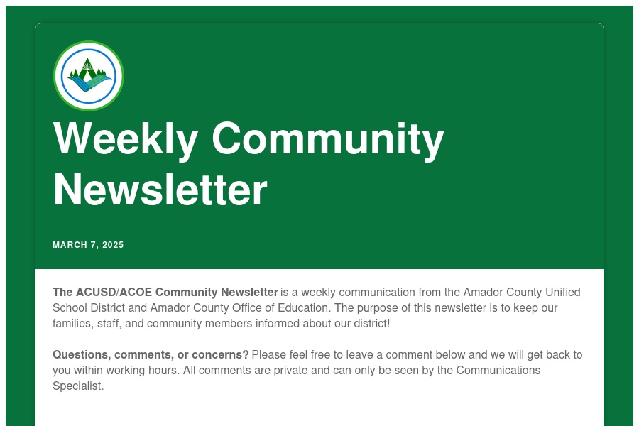 acusd_acoe's tweet photo. Weekly Community Newsletter - March 7, 2025 https://t.co/Q4DuZQ7Rik via @ParentSquare https://t.co/3UkIeVxwkZ