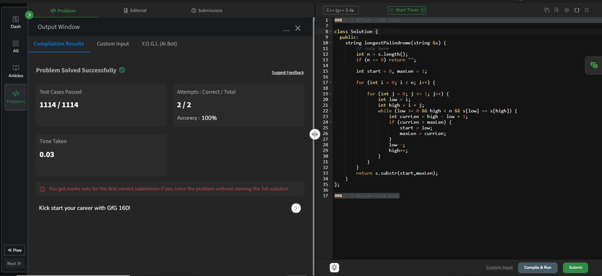 SouvikPram718's tweet photo. Day 101 of GFG 160:       

🚀Problem Solved:  Longest Palindrome in a String

@geeksforgeeks

#geekstreak2024 #gfg160 https://t.co/4rL201a690
