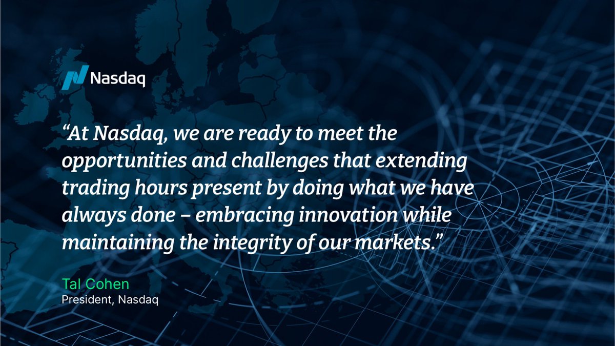 stctransfer's tweet photo. Nasdaq has begun engaging with regulators, market participants and other key stakeholders, with a view of enabling 24-hour trading five days a week on the Nasdaq Stock Market.
https://t.co/96mgCmzMQ7 https://t.co/ZGIu4O5rfq