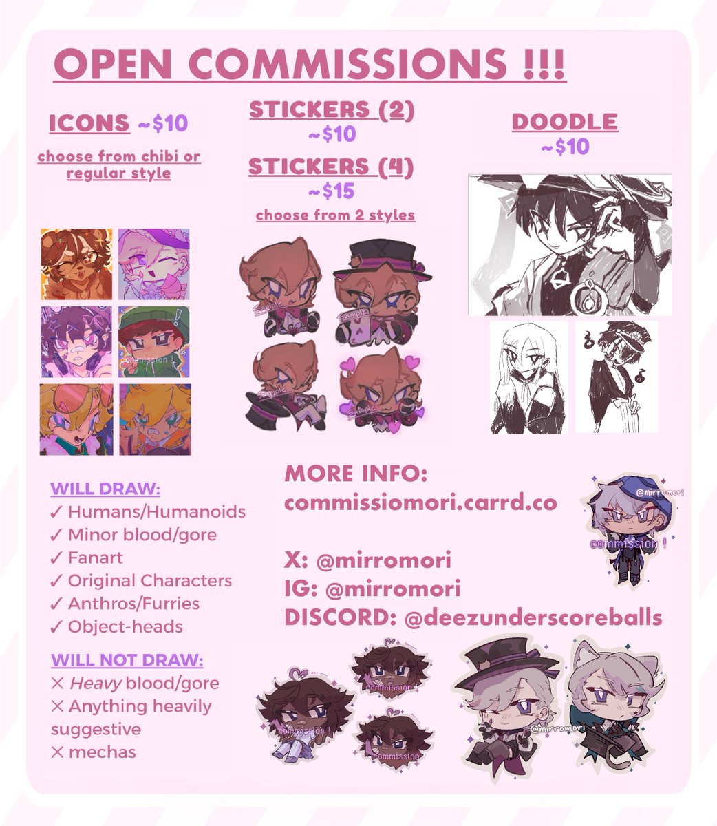 mirromori's tweet image. my comms are open again!!!!
i do icons, stickers, and doodles (~$10-$15 usd)

!!!more info!!!: commissiomori.carrd.co
#opencommission #commission 

likes and rts appreciated 🤍