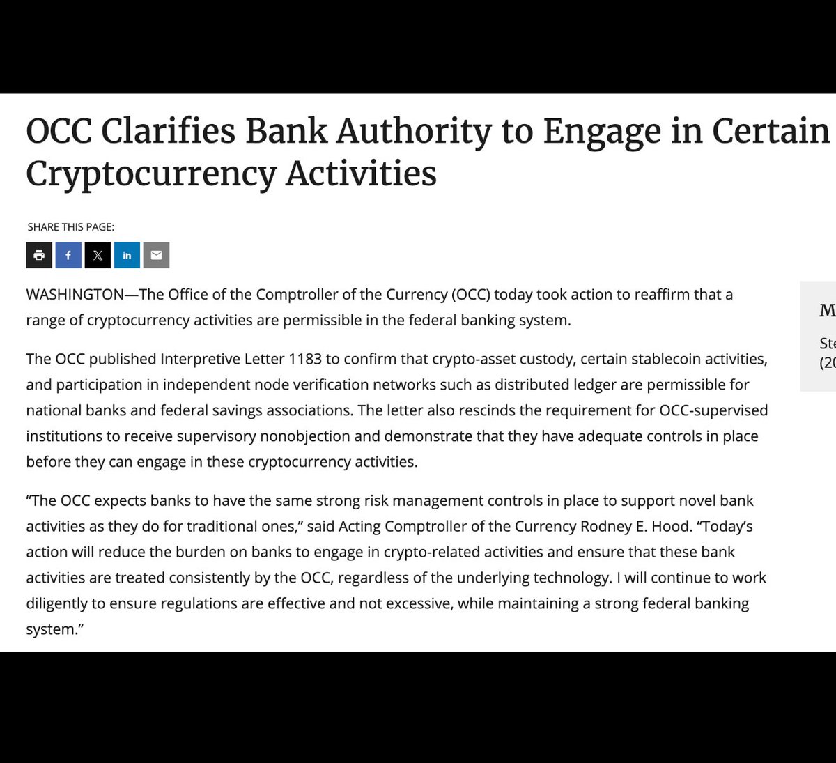 The U.S. regulator OCC has affirmed that banks are permitted to offer  Bitcoin and cryptocurrency services, including asset custody.