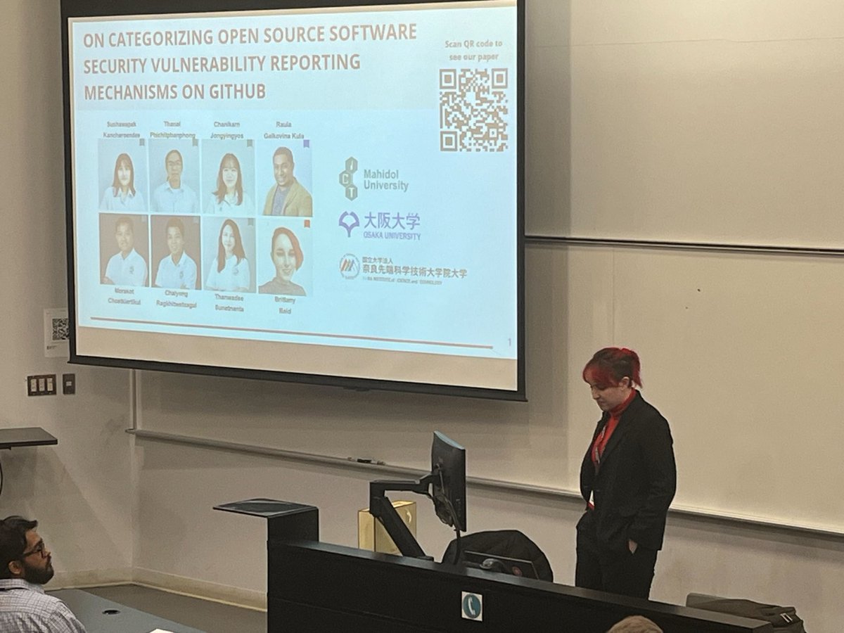 Great talk by Sushawapak Kancharoendee on "Categorizing OSS Security Vulnerability Reporting Mechanisms on GitHub"— uncovering insights from PyPI packages &amp; security policies! #SANER2025