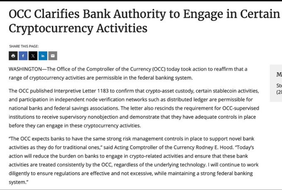 RiskTake's tweet photo. U.S. OCC HAS AFFIRMED THAT BANKS ARE PERMITTED TO OFFER BITCOIN AND CRYPTOCURRENCY SERVICES, INCLUDING ASSET CUSTODY.

Institutions just got the green light 🚦 https://t.co/Sc2N0AYt5N