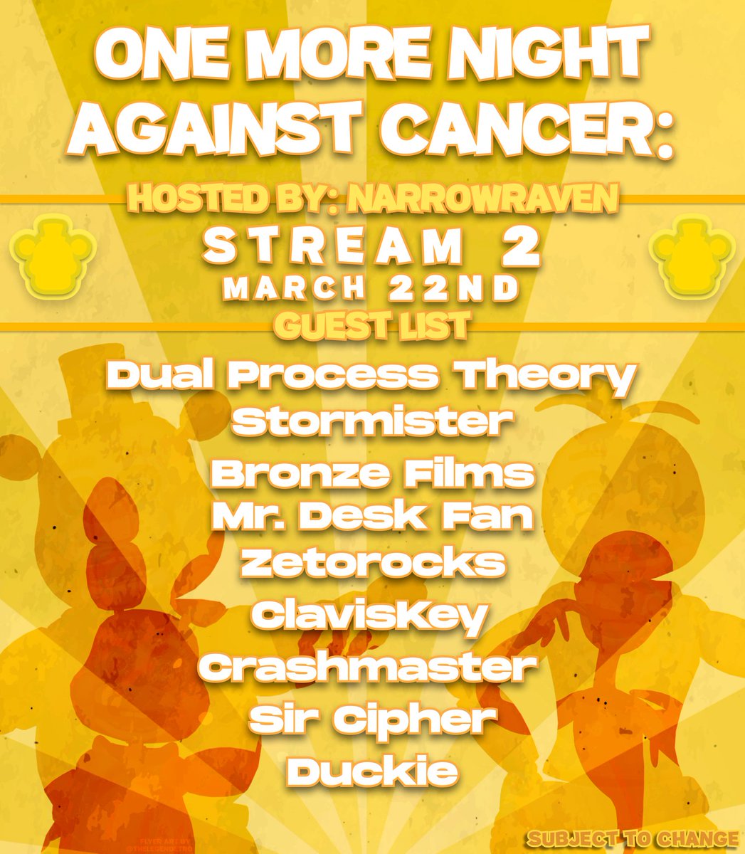 OneMoreNightAC's tweet image. Hey everyone! I&apos;m proud to announce the guests for our second stream for One More Night Against Cancer coming March 22nd at 12pm CST ft. @2ProcessTheory @Stormiister BronzeFilms @enforcerdud1 @zetorocks @rapunzel1850 @Crashmaster7 @MrMystery1987 and Duckie!
See you soon