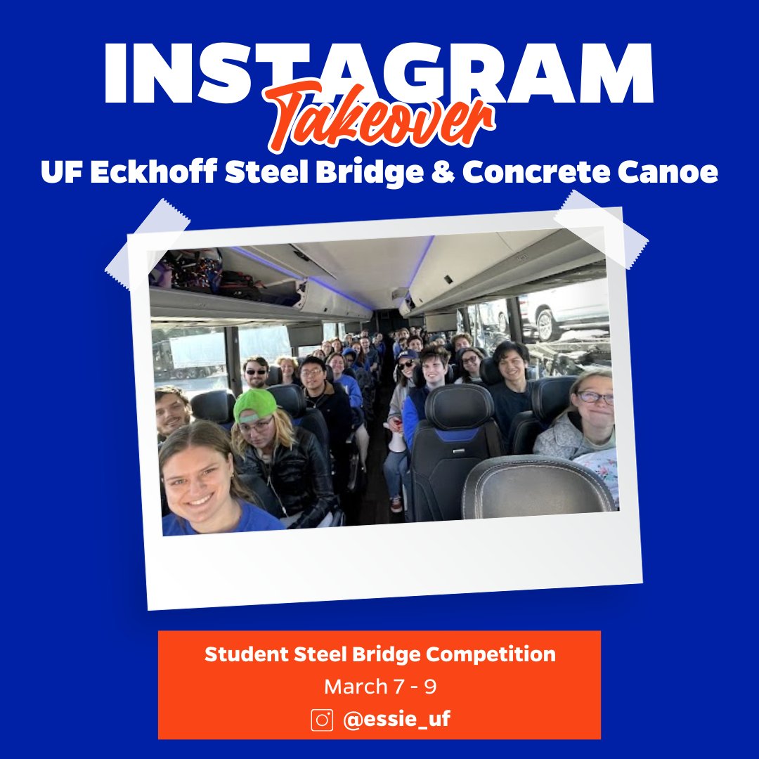 essie_uf's tweet image. The @uflorida Concrete Canoe Team (@uf_steelbridge & @ufconcretecanoe) is taking over our Instagram! We're sharing moments of hard work and fun as we prep for the ASIC & ASCE Student Steel Bridge Regional Competition!
Don't miss a minute of it and cheer us on! #GoGators