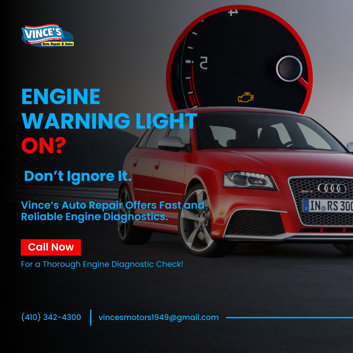 vinceautorepair's tweet image. 🚨 Check engine light on? Don’t wait! 🚗

At Vince’s Auto Repair, we offer quick &amp;amp; reliable engine diagnostics to keep your car running smoothly. Book a check today!

📞 410-342-4300 | 🌐 vincesmotors.com
#EngineCheck #CarDiagnostics #AutoRepair #DriveSafe