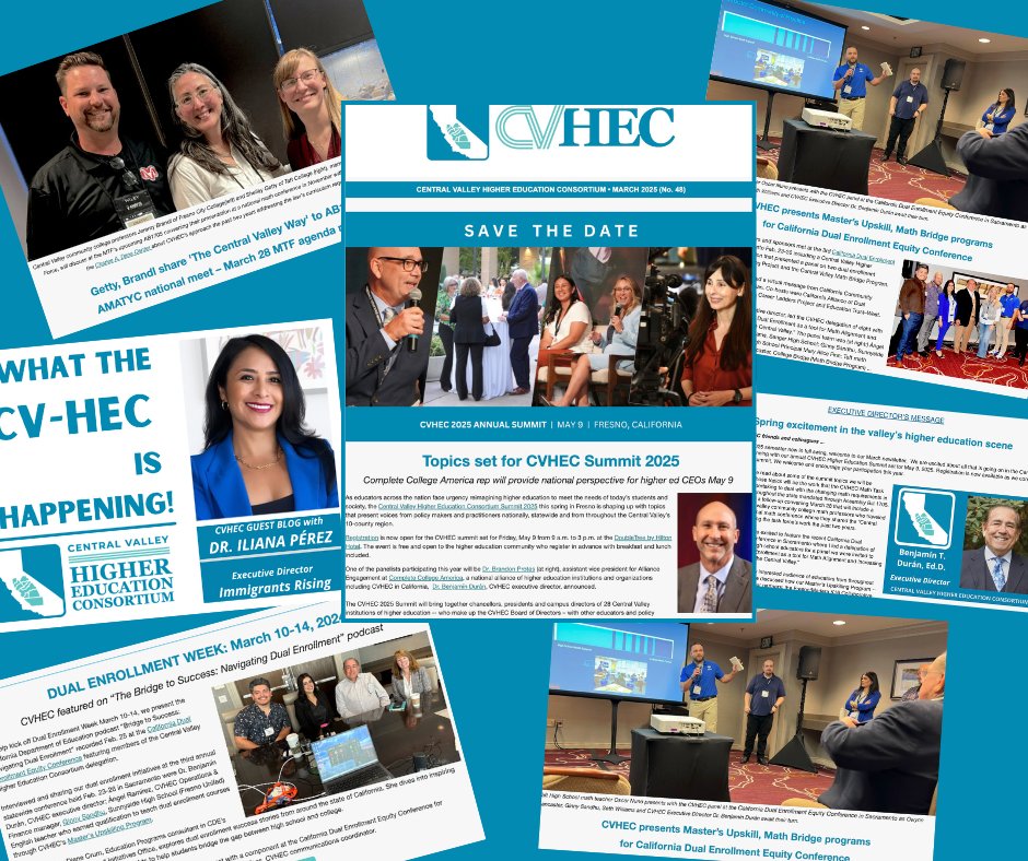 CVHEC_'s tweet photo. Our March issue features CV Higher Ed Summit topics; the  next #MathTaskForce AB 1705 meet; our recent CA Dual Enrollment Equity Conf panel; a @CADeptEd podcast “Bridge to Success” for #DualEnrollmentWeek; &amp; our blog by Dr. Iliana Pérez #ImmigrantsRising: https://t.co/34flMhdb5x https://t.co/T9YmWfRSmZ