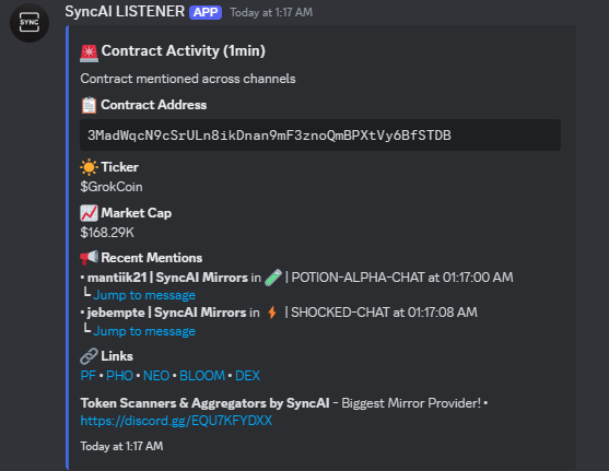 TheSyncAI's tweet photo. 🔔 SyncAI Token Scanner Update 🔔

Our token scanner just got an upgrade! You can now:

🔍 See who mentioned the contract address by name
📝 Click "Jump to context" to read why the contract was posted
📋 Copy the contract address directly from the tool https://t.co/mb8sKuqxuv