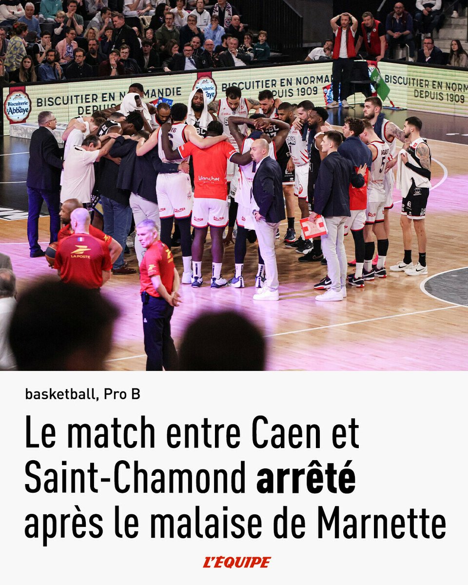 La rencontre de Pro B opposant Caen et Saint-Chamond, vendredi soir dans le Calvados, a été arrêtée après trois quart-temps en raison d'un malaise du Caennais Louis Marnette.

➡️ l.lequipe.fr/Sd6