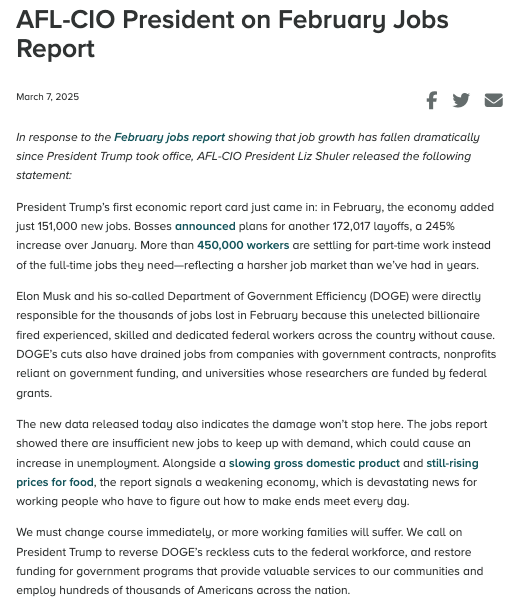 President Trump must reverse DOGE’s reckless cuts to the federal workforce and restore funding for vital government programs that serve our communities and employ hundreds of thousands of people.

We must change course immediately, or more working families will suffer.