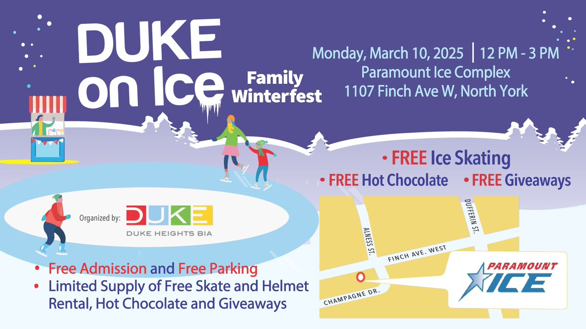 DownsviewAdv's tweet image. 🎉🌟Family fun awaits at DUKE on Ice! Kick off March Break with free skating, hot cocoa &amp;amp; giveaways! Bring your skates &amp;amp; helmet to skip the line! ⛸️🍫🎁

🗓 March 10, 2025
⏰ 12 PM - 3 PM
📍 Paramount Ice Complex, 1107 Finch Ave W

#DUKEonIce #MarchBreakFun #FreeSkating