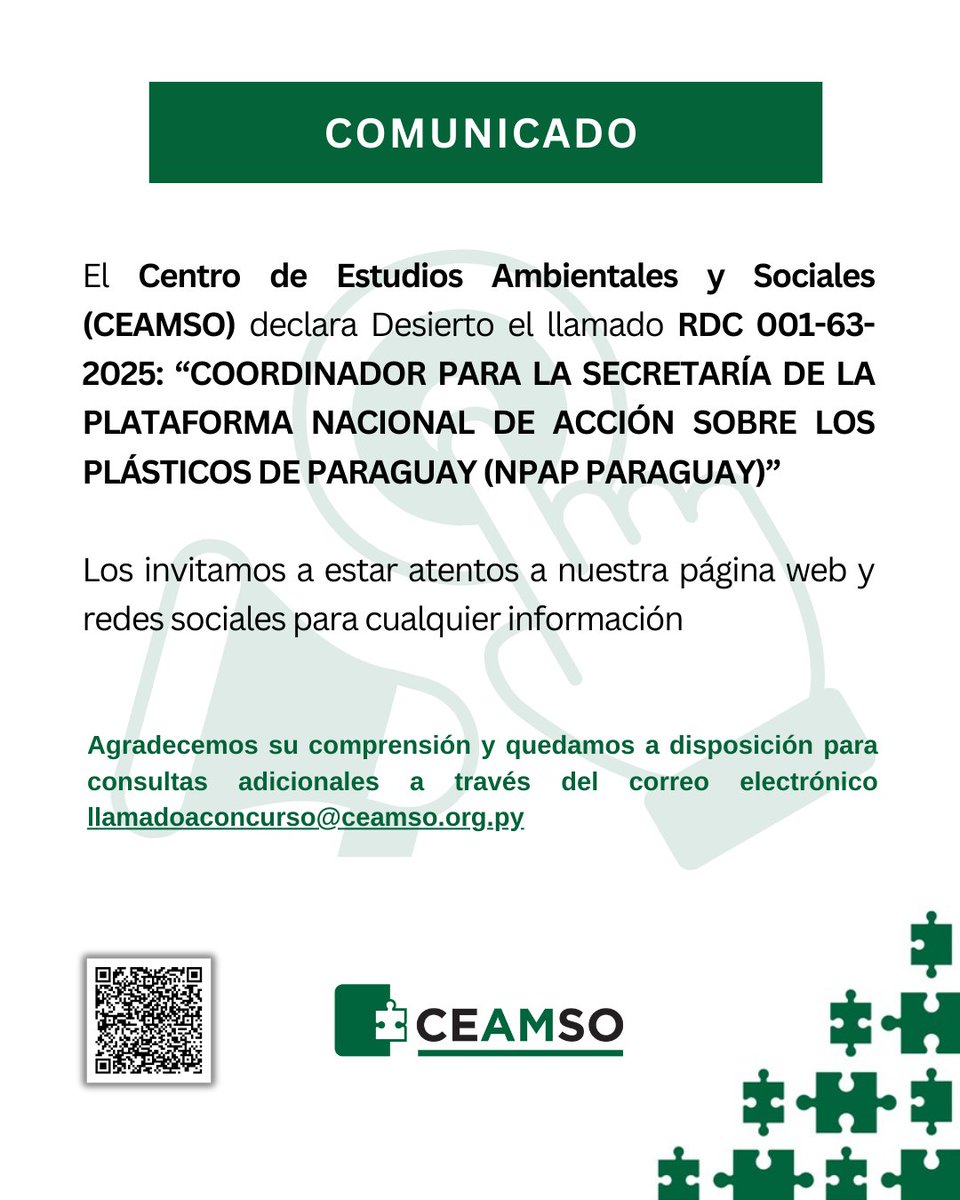 📣Comunicado sobre el llamado RDC 001-63-2025: “COORDINADOR PARA LA SECRETARÍA DE LA PLATAFORMA NACIONAL DE ACCIÓN SOBRE LOS PLÁSTICOS DE PARAGUAY (NPAP PARAGUAY)” .