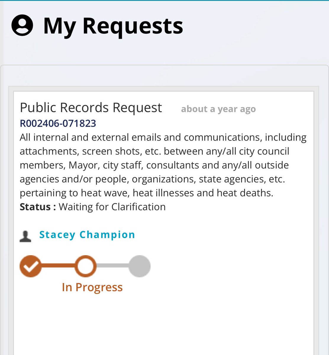 ChampPR's tweet photo. I personally have at least 5 unfulfilled @CityofPhoenixAZ public records requests too @PHXDistrict4 @laurapastoraz. At least a year old (many longer) & it sure does give the appearance that city just cockblocks anyone who’s vocal/outspoken. #govtransparency https://t.co/cjCiaCxgfa