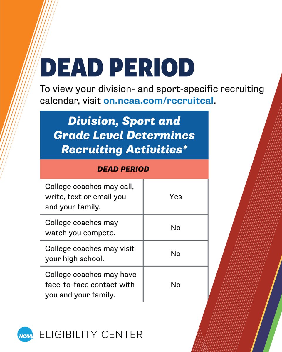 What can happen during a dead period? View your division- and sport-specific recruiting calendar.

🔗 on.ncaa.com/recruitingcal