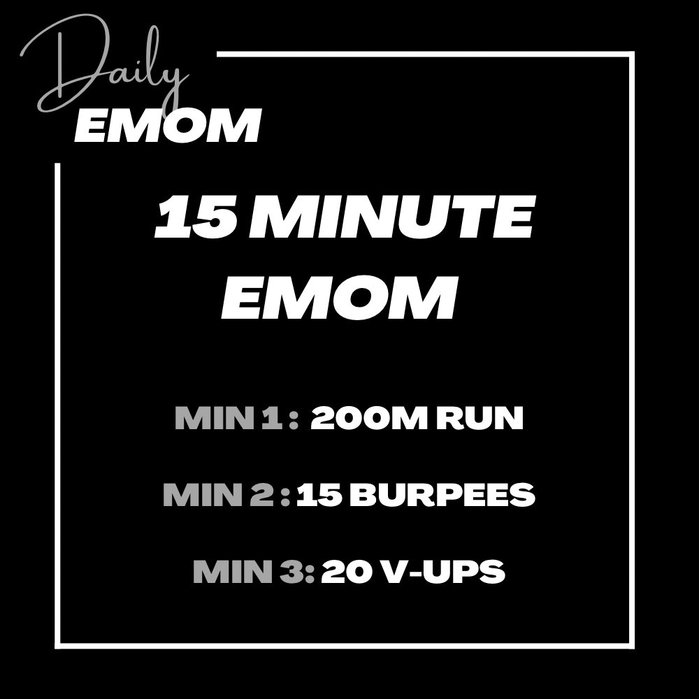 emomdaily's tweet photo. ⚡️ Every Minute On the Minute For 15 Minutes ⚡️

Minute 1 : 200m Run

Minute 2 : 15 Burpees

Minute 3 : 20 V Ups

📝 Notes:

Scaling:
- Reduce weight, reps, or rounds. 

#workoutoftheday #crossfit #crossfitgirls #crossfitwod #fitnessworkouts https://t.co/r9Gx4iewz5