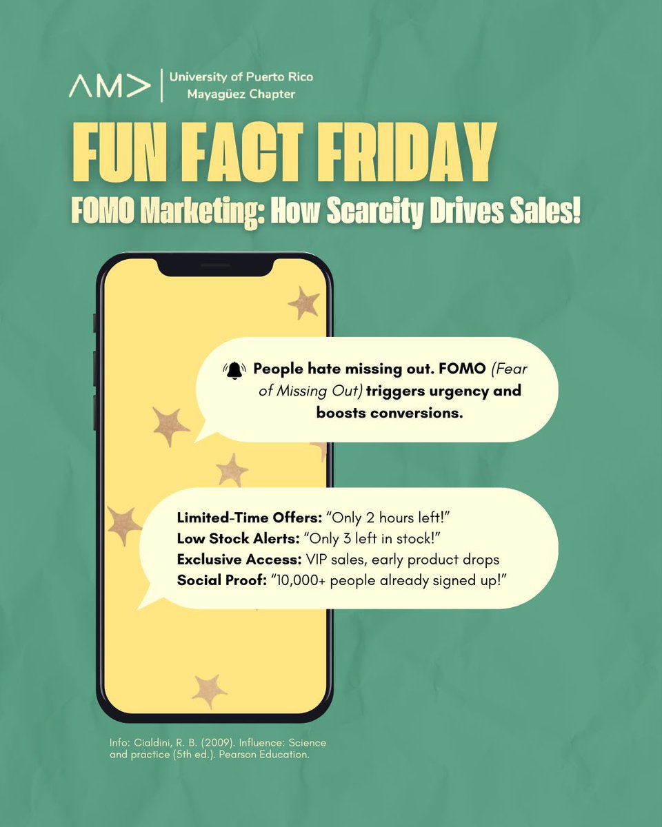 FOMO Marketing: The Power of Scarcity!🌟

Brands use urgency &amp; exclusivity to drive sales! Don’t let your audience miss out—make them act NOW! 

#ama #amauprm #marketing #adem #ademuprm #fomo #college #colegio #branding #strategies #funfactfriday