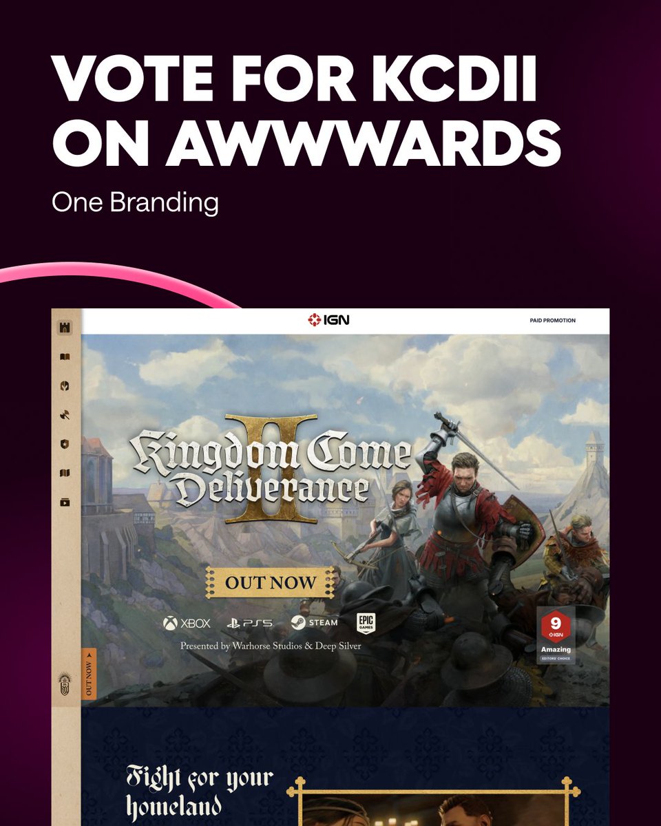 onebrandingdsm's tweet photo. Our Kingdom Come: Deliverance II - IGN Immersive Hub is up for an Awwwards Nomination, and we need your support!
⭐️How to Vote:
✅ Vote here:https://t.co/AzFo8IpOnr
✅ Scroll down, click "Vote", and submit your ratings before Sunday 11:59pm CT, 3.09.25 
#Awwwards #KCDII https://t.co/DzLuTb5hqN