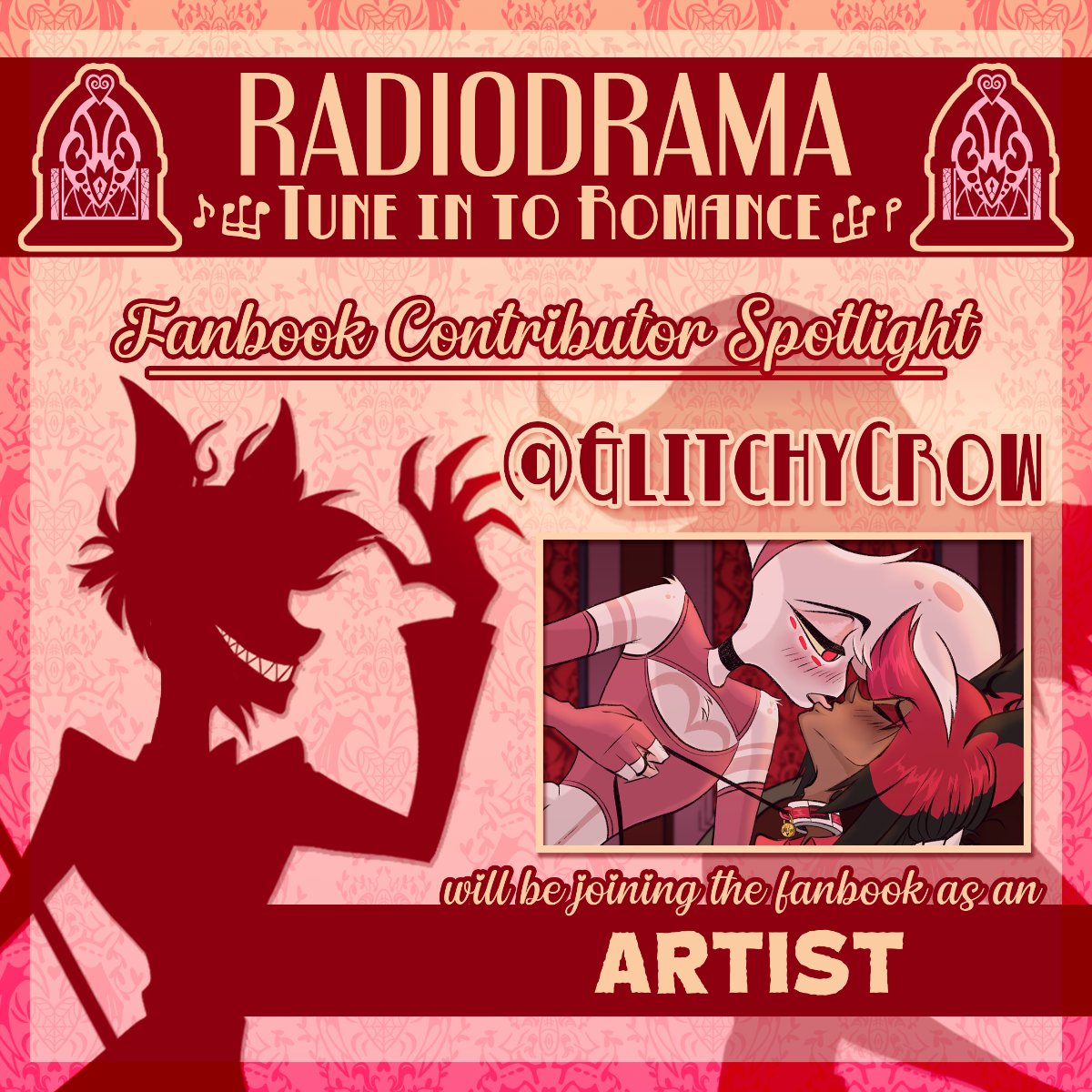 RDZine25's tweet photo. ✨Contributor Spotlight✨

Introducing @GlitchyCrow  as one of our brilliant artists taking part in this fanbook!  We’re all very excited to see what they come up with!

#radiodustzine25 #radiodrama25 #hazbinhotel https://t.co/HFyOB99vQV
