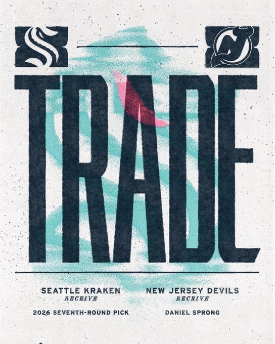 Trade graphic announcing Daniel Sprong going to NJD in exchange for a 7th round pick