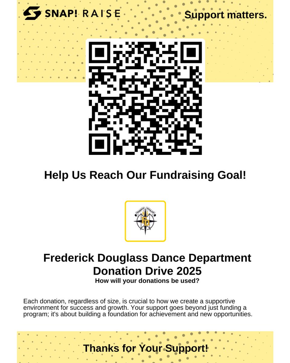 DouglassDance's tweet photo. Encouraging you to go #30for30 &amp; donate + share to your network in support of the Frederick Douglass High School Dance Department! 💛🖤💛🖤 We have 28 days to reach our goal of $2000. 🙏🏾
Scan the QR code or click the link directly in our bio! #dance #apsarts #douglassdance https://t.co/KVvwfEvNzW