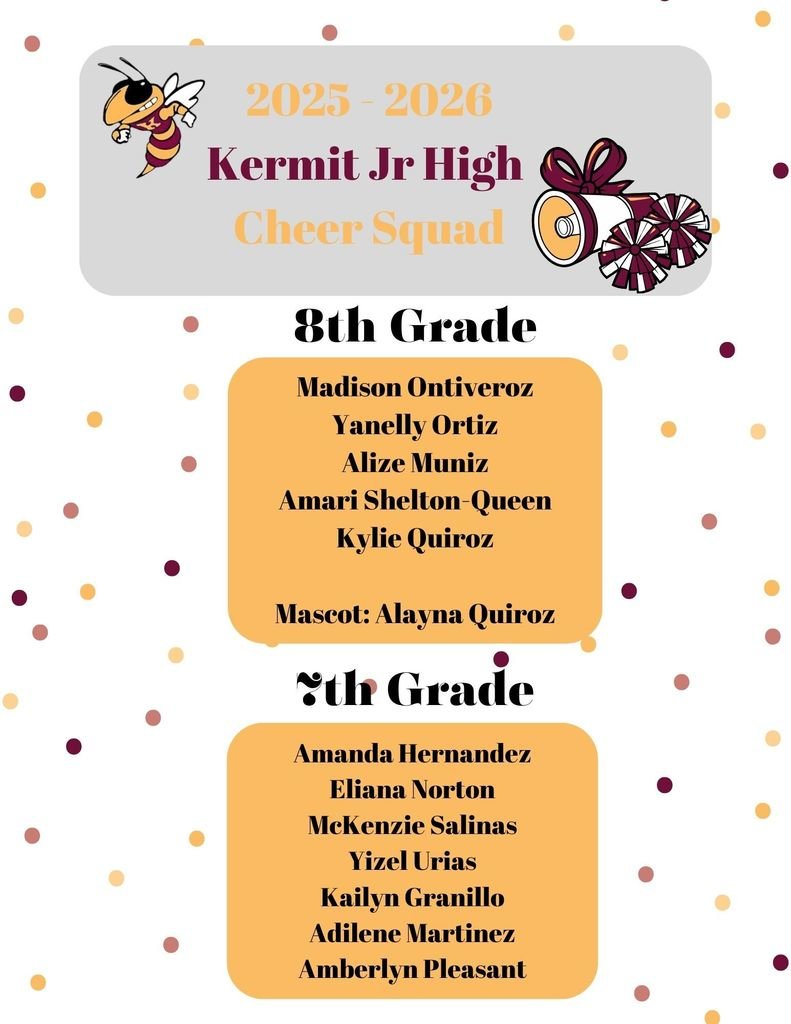 KermitJHS's tweet photo. Congratulations to the 2025 - 2026 Kermit Jr. High Cheer Team! https://t.co/bSn4pGghUv
