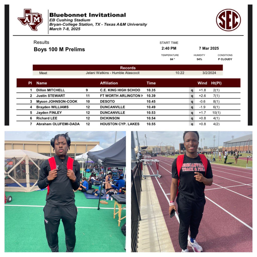 ‼️Sr. Brayden Williams &amp; Jayden Finley advance to the 100m finals tomorrow! ‼️
#DuncanvilleFAST #AboveALL #CityofChampions