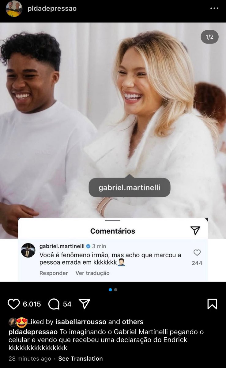 goatne11i's tweet photo. nelli’s gf liking a post that says “imagine gabriel martinelli’s reaction opening his phone and seeing endrick confessing to him” dhsjkskskd https://t.co/QjMNLuExG2