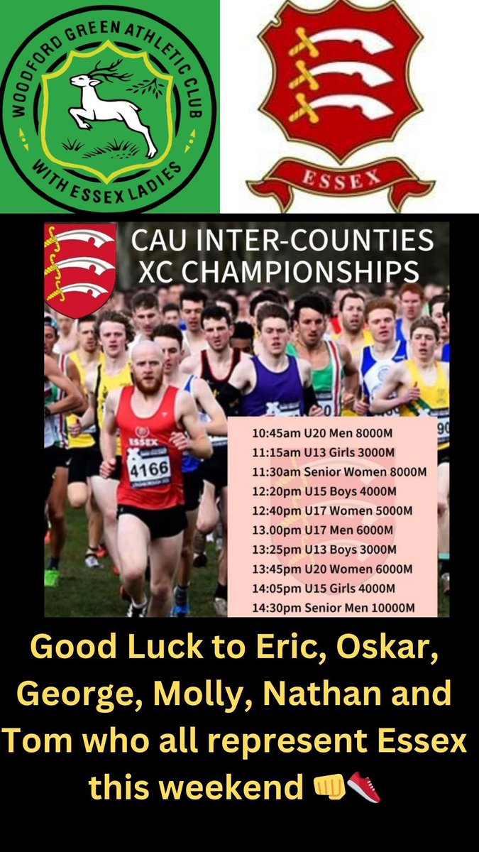 EverittJoe's tweet photo. 🚨CAU Inter Counties XC Champs
📍Nottingham
📆 Sat 8th March 

Good luck to @WoodfordGreenAC athletes representing Essex:

- U13 Eric Frith and Oskar Prince
- U15 George Watkins
- U17 Molly Sherrin
- U20 Nathan Wright
- Senior Tom Adolphus

Good luck 👊#teamessex #crosscountry https://t.co/30zyfr6h6Z