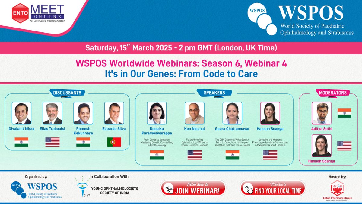 WSPOS's tweet image. 📅 SAVE THE DATE! Join us for the next WSPOS Webinar (Season 6, Webinar 4)  in partnership with the Young Ophthalmologists Society of India (YOSI). Saturday, March 15, 2025, at 2 PM GMT! 🌍 
👉 wspos.org 
#WSPOS #Ophthalmology
Hosted by @EntodPharma