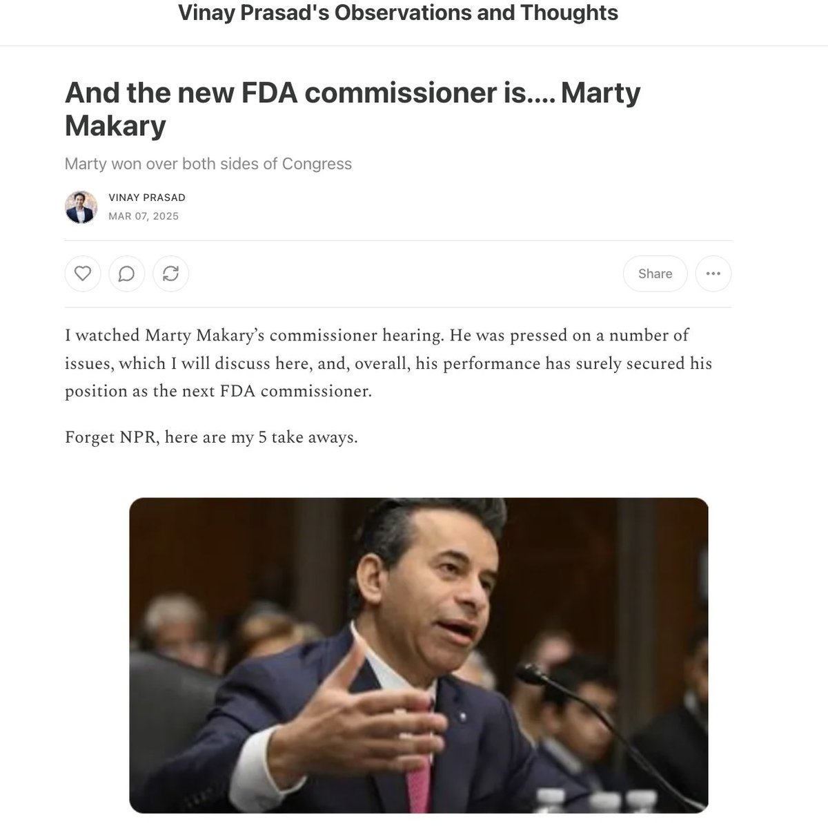 Vinay Prasad MD MPH (@vprasadmdmph) on Twitter photo Congrats to <a href="/MartyMakary/">Marty Makary MD, MPH</a> on a great hearing
Here are my 5 TAKE AWAYS Congrats to <a href="/MartyMakary/">Marty Makary MD, MPH</a> on a great hearing
Here are my 5 TAKE AWAYS