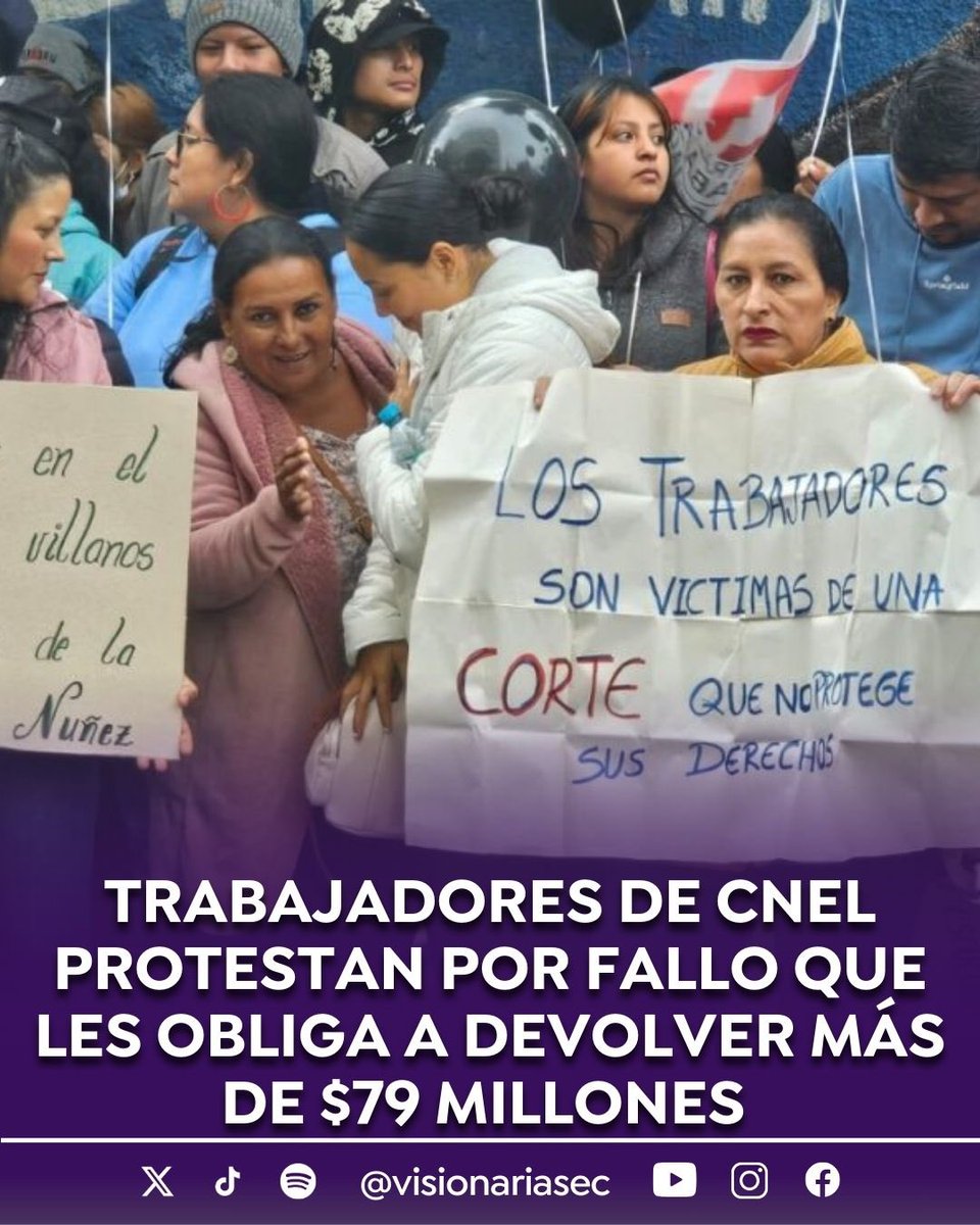 visionariasec's tweet photo. #ATENCIÓN | Hasta la Corte Constitucional llegaron varios trabajadores  de CNEL para protestar en contra de la sentencia que ordena a 1.795 trabajadores devolver en 36 meses más de $ 79 millones por beneficios de un contrato colectivo del que, según el fallo, no debían ser parte.

Piden a los magistrados atender la solicitud de aclaración y ampliación de la sentencia que interpusieron los abogados de los trabajadores. Con esto buscan que la CC determiné un mecanismo para reembolsar el dinero, sin que esto implique descuentos 
en sus remuneraciones que los dejen sin ingresos.

CNEL empezó con los descuentos desde el pago de la remuneración a finales de febrero.

#Visionarias