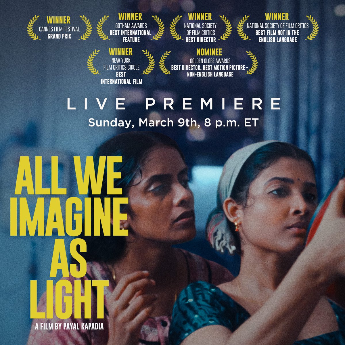 ✨CRITERION CHANNEL LIVE PREMIERE✨

Join us this Sunday (3/9) at 8pm ET for the live streaming premiere of Payal Kapadia's award-winning masterpiece ALL WE IMAGINE AS LIGHT (2024)! bit.ly/4hbs1zl