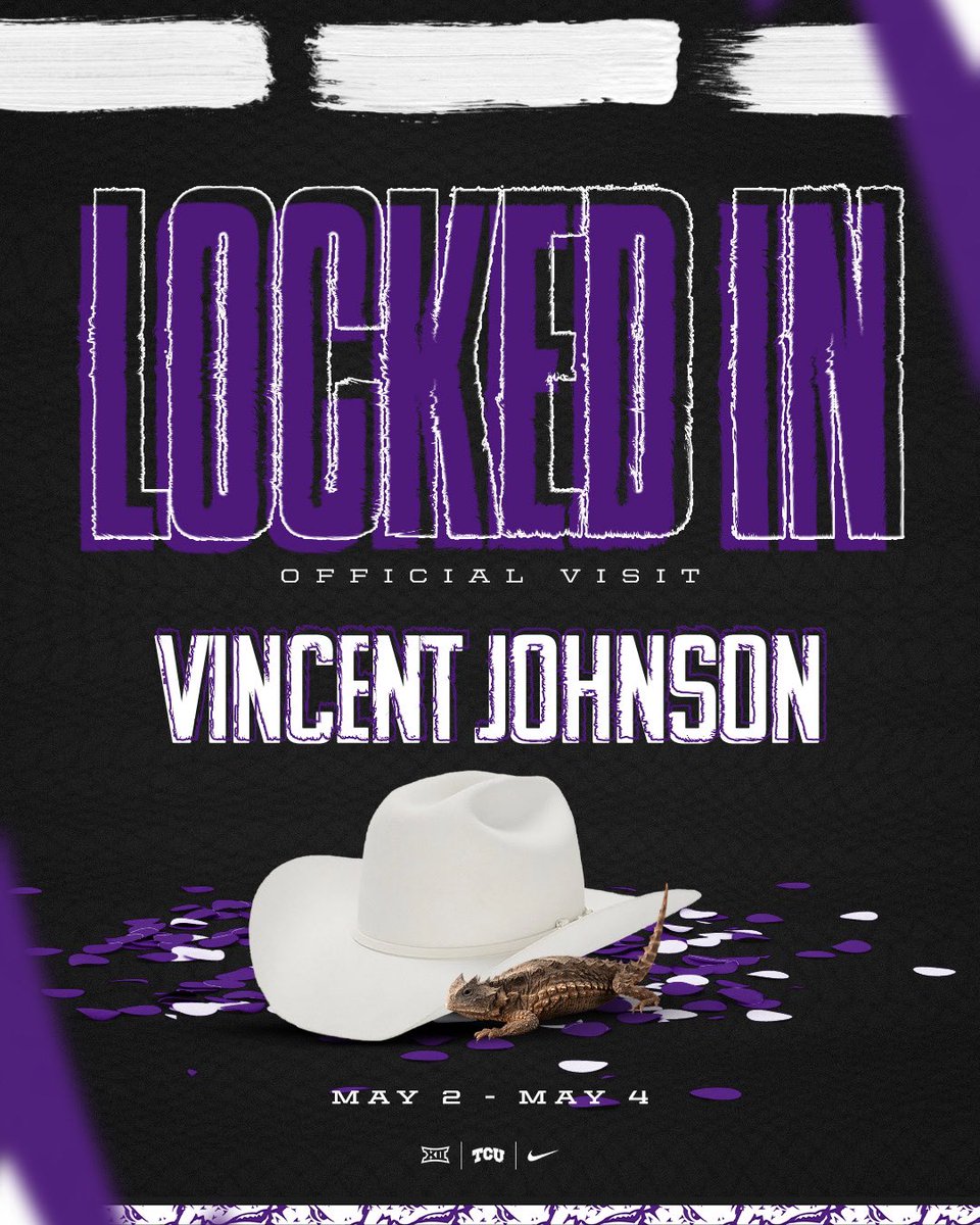 Vincent Johnson Jr (@vincentjohn76) on Twitter photo Excited to take an official visit at TCU🟣⚪️🐸 <a href="/TCUFootball/">TCU Football</a> <a href="/TCU_Athletics/">TCU Athletics</a> <a href="/TCU/">TCU</a> <a href="/CoachRickerOL/">AJ Ricker</a> <a href="/CoachLuceFB/">Robert Luce</a> <a href="/BGChrisOwens/">Chris Owens</a> <a href="/CoachSonnyDykes/">Sonny Dykes</a> <a href="/CoachOubre/">Matthew Oubre</a> <a href="/coachmedlock7/">Coach Medlock</a> <a href="/ScooterJohn903/">Vincent Johnson Sr.</a> <a href="/nuk1397/">LaToya Johnson</a> Excited to take an official visit at TCU🟣⚪️🐸 <a href="/TCUFootball/">TCU Football</a> <a href="/TCU_Athletics/">TCU Athletics</a> <a href="/TCU/">TCU</a> <a href="/CoachRickerOL/">AJ Ricker</a> <a href="/CoachLuceFB/">Robert Luce</a> <a href="/BGChrisOwens/">Chris Owens</a> <a href="/CoachSonnyDykes/">Sonny Dykes</a> <a href="/CoachOubre/">Matthew Oubre</a> <a href="/coachmedlock7/">Coach Medlock</a> <a href="/ScooterJohn903/">Vincent Johnson Sr.</a> <a href="/nuk1397/">LaToya Johnson</a>