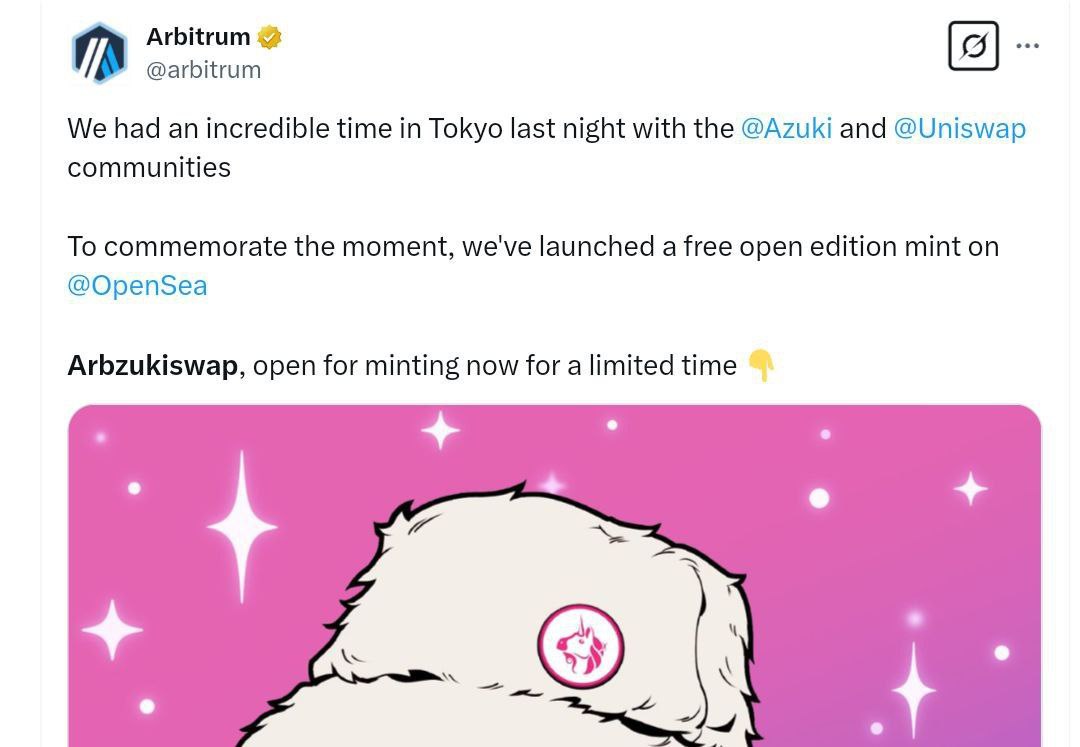 Arbzukiswap NFT Freemint on @opensea ➡️ Price: Free Arbzukiswap is now open  for minting for a limited time. This #NFT commemorates the dinner shared by  the #ARBITRUM, #Uniswap, and #Azuki teams on #