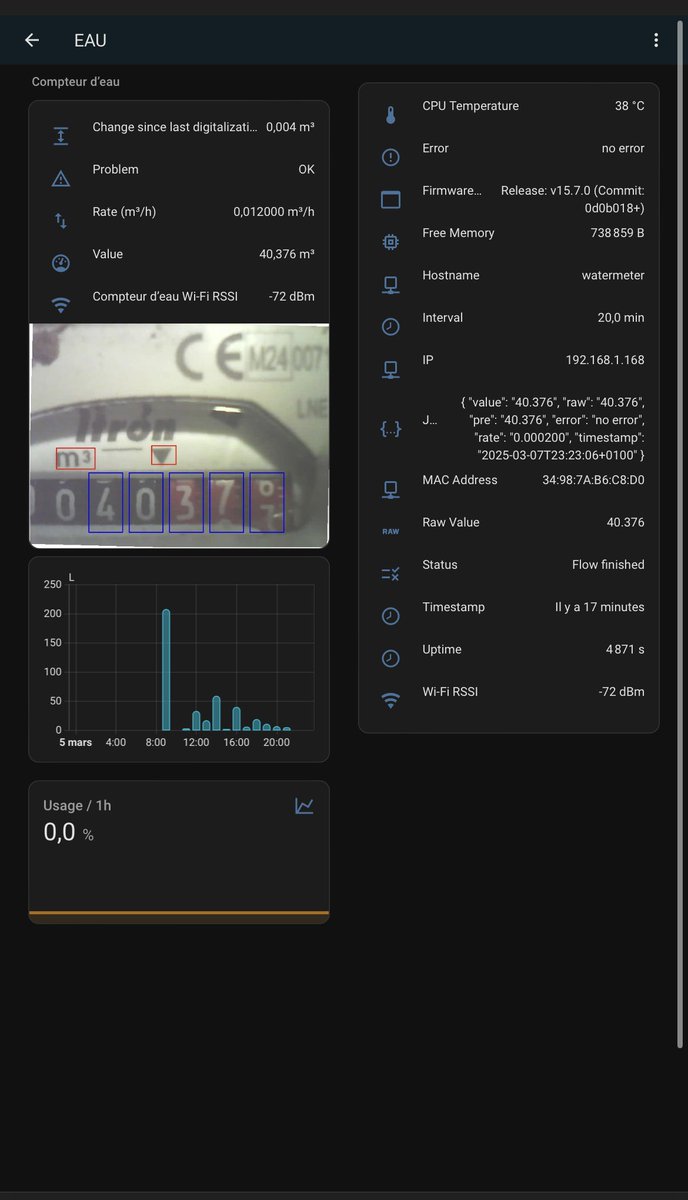 Thiiiibaut's tweet photo. @LyonOCR @cyril77M Ici pas de gaz à la maison mais un poêle à granulés ou j’ai fait un compteur pour estimé ma consommation 🤭 et le compteur d’eau IA on the edge avec un esp-cam 🤪 (j’avais laissé mon adresse visible vers mon HA) https://t.co/71zNBfhLoj