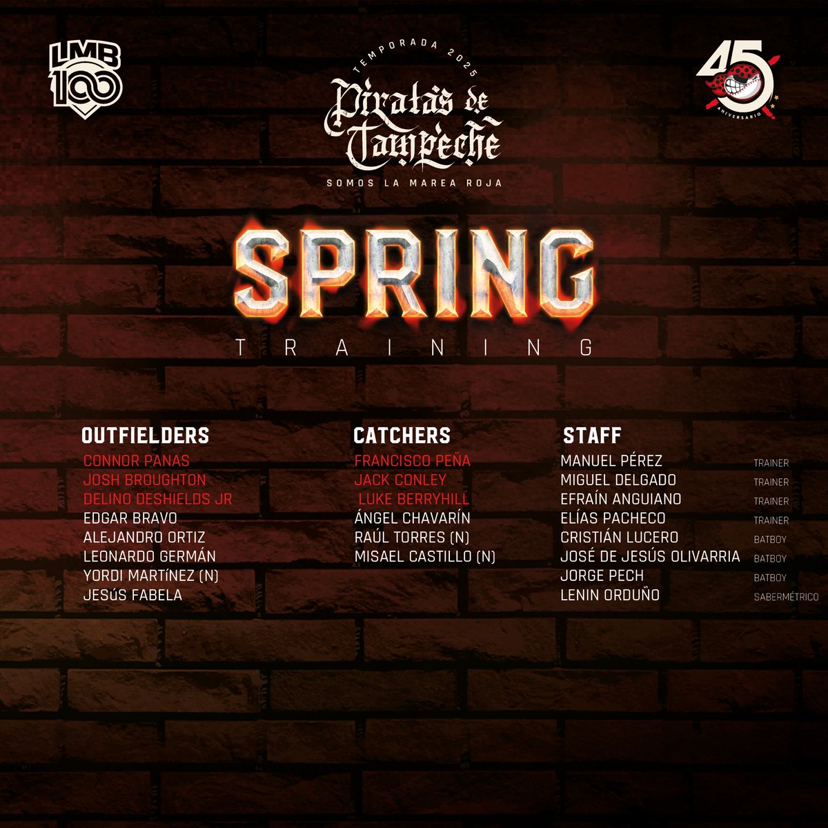 🏴‍☠️ 𝗦𝗣𝗥𝗜𝗡𝗚 𝗧𝗥𝗔𝗜𝗡𝗜𝗡𝗚 𝟮𝟬𝟮𝟱 🏴‍☠️

Los Piratas que formarán parte de la pretemporada que empieza el 17 de Marzo. 🔥⚾️

#SomosLaMareaRoja 🔴🔴