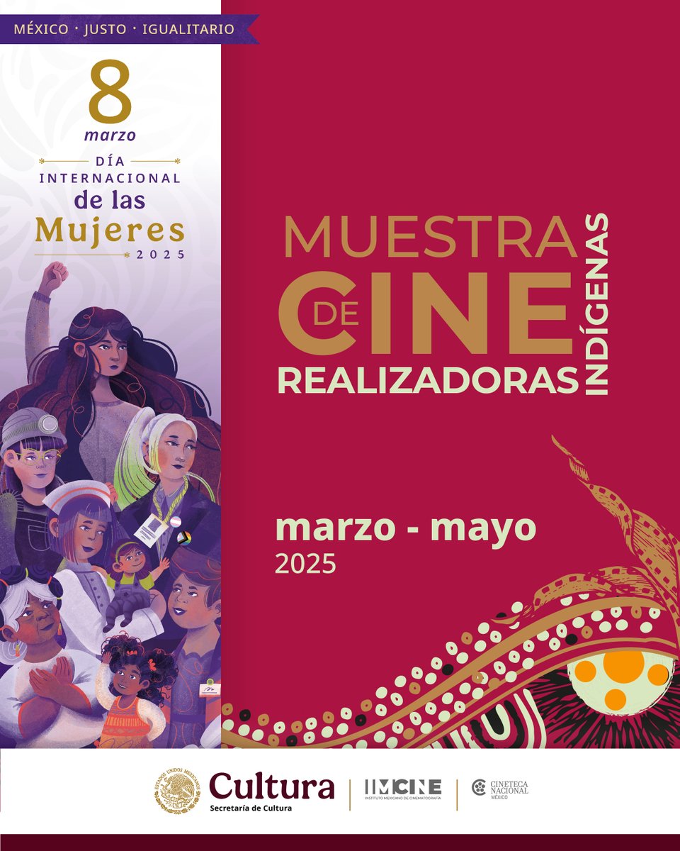 La <a href="/cultura_mx/">Secretaría de Cultura</a> y el <a href="/imcine/">IMCINE</a>  te invitan a la Muestra de Cine de Realizadoras Indígenas, disponible en salas de 𝐂𝐢𝐧𝐞𝐭𝐞𝐜𝐚 𝐍𝐚𝐜𝐢𝐨𝐧𝐚𝐥 𝐌𝐞́𝐱𝐢𝐜𝐨. ¡Toma nota! 📽️​💜​✨​#8M

Consulta la programación -> tinyurl.com/ykmber4j
_____
El cine realizado por mujeres